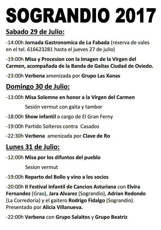 Programa de las Fietas de Carmen de Sograndio 2017